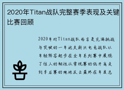 2020年Titan战队完整赛季表现及关键比赛回顾