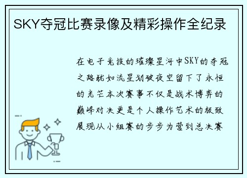 SKY夺冠比赛录像及精彩操作全纪录